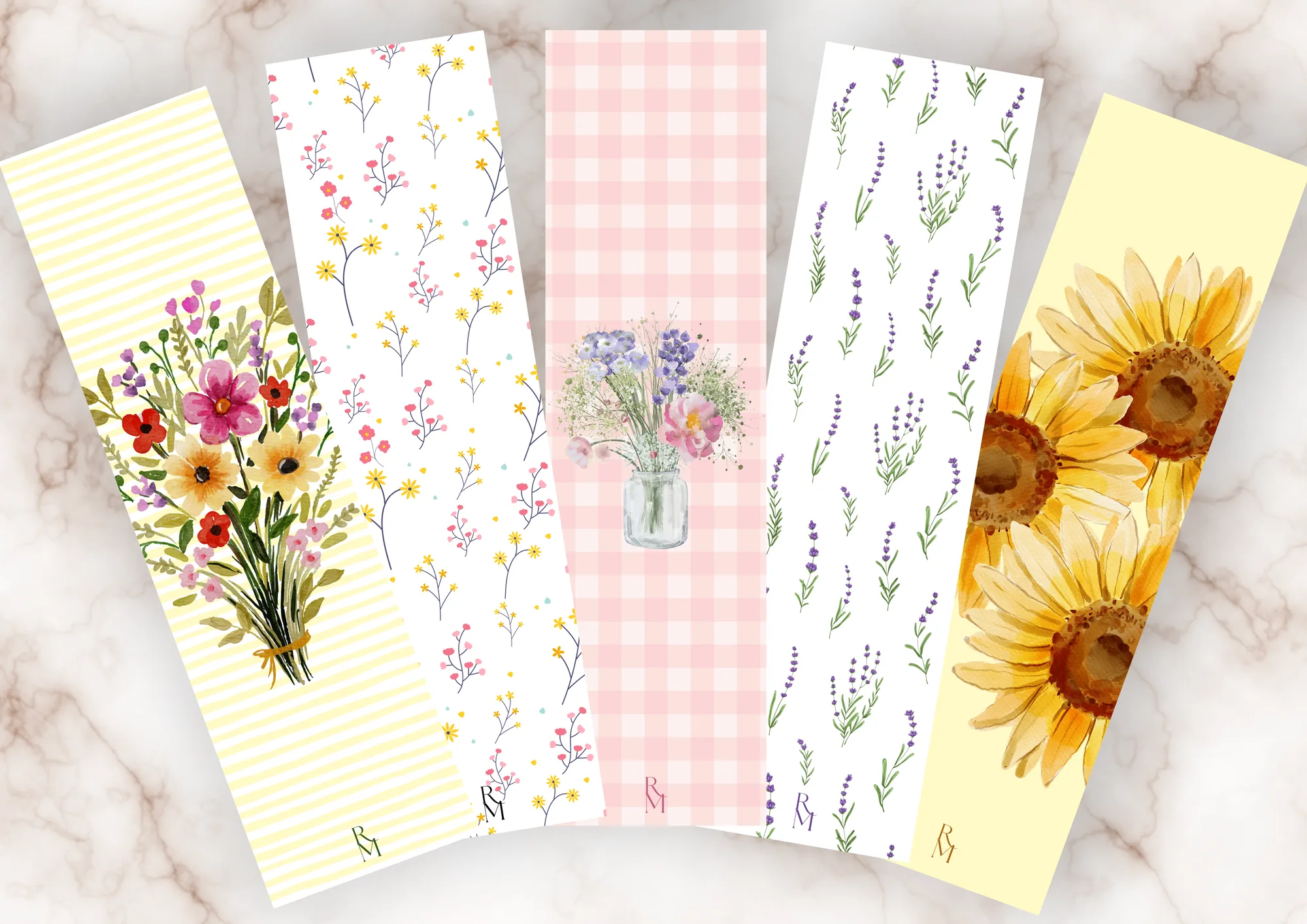 De vijf voorkanten van de collectie In Bloom, naast elkaar